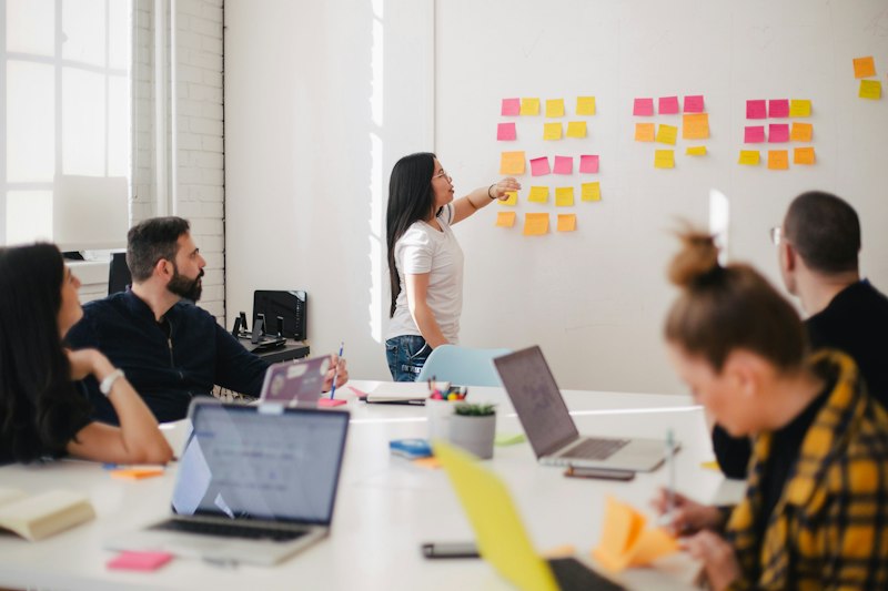 A team workshop in progress with notes on the wall
